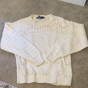 I. B. Diffusion Cream Bobble Cable Knit Crewneck Sweater
